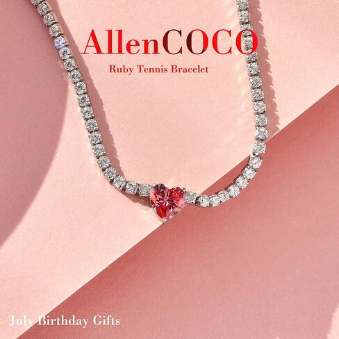 AllenCOCO Sterling Silver Heart Birthstone Bracelet, 14K White Gold Plated, AAAAA+ CZ Cubic Zirconia, Tennis Chain with Heart Charm, Hypoallergenic, Non-Tarnish Jewelry Gift for Women in Saudi Arabia