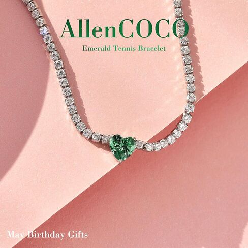 AllenCOCO Sterling Silver Heart Birthstone Bracelet, 14K White Gold Plated, AAAAA+ CZ Cubic Zirconia, Tennis Chain with Heart Charm, Hypoallergenic, Non-Tarnish Jewelry Gift for Women in Saudi Arabia