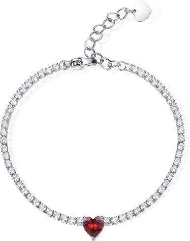 AllenCOCO Sterling Silver Heart Birthstone Bracelet, 14K White Gold Plated, AAAAA+ CZ Cubic Zirconia, Tennis Chain with Heart Charm, Hypoallergenic, Non-Tarnish Jewelry Gift for Women in Saudi Arabia