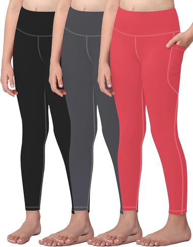 AENLLEY Girls Activewear Leggings with 2 Pockets - Kids Dance Workout Yoga Pants for Athletic Pack of 3 in Kuwait