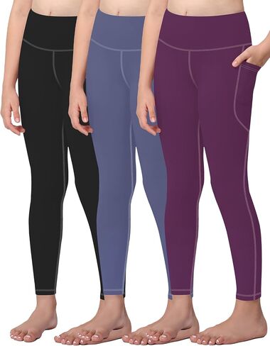 AENLLEY Girls Activewear Leggings with 2 Pockets - Kids Dance Workout Yoga Pants for Athletic Pack of 3 in Kuwait