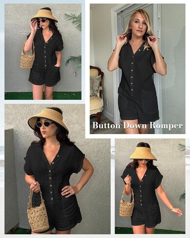 BSUBSEACH Womens Rompers for Summer 2025 Shorts Jumpsuit butty Short Button Button Down Romper with Abomets Beach Acadt in Saudi Arabia