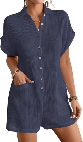Bsubseach Womens Rompers For Summer 2025 Shorts Jumpsuit Short Sleeve Button Down Romper With Pockets Beach Vacation Outfits in Kuwait