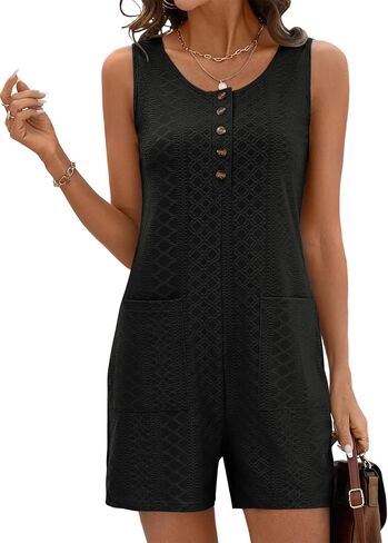 Rapbin Rompers for Women 2025 Summer Casual Sleeveless Scoop Neck Short Jumpsuits Loose Fit Button Overalls with Pockets in Saudi Arabia