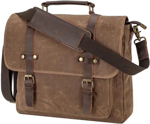 حقيبة رسول جلدية خمر للرجال 15.6 بوصة حقيبة كمبيوتر محمول ، قماش مشمع وجلد أصلي ، حقيبة كتف الأعمال التجارية in Kuwait