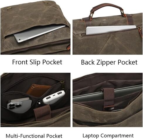 حقيبة رسول جلدية خمر للرجال 15.6 بوصة حقيبة كمبيوتر محمول ، قماش مشمع وجلد أصلي ، حقيبة كتف الأعمال التجارية in Kuwait