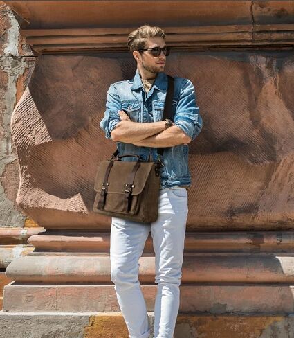 حقيبة رسول جلدية خمر للرجال 15.6 بوصة حقيبة كمبيوتر محمول ، قماش مشمع وجلد أصلي ، حقيبة كتف الأعمال التجارية in Kuwait