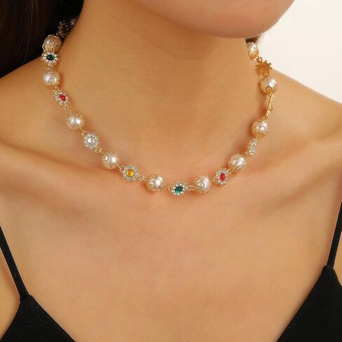 Daisy flower necklace for Women Cute Flower Necklace Exquisite Colorful Gemstones Pearl Daisy Necklace Fashion Jewelry for Women in Saudi Arabia