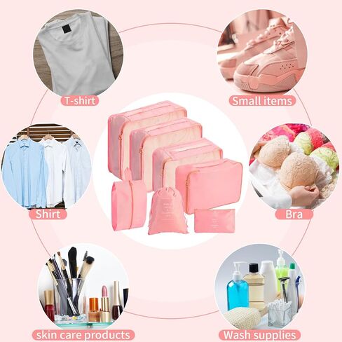 7pcs تعبئة مكعبات لحقائب الحقائب ، حقائب منظم أمتعة السفر ، حقائب منظم حقيبة حقيبة للاحتفال على أساسيات السفر للأمتعة ، الوردي in Kuwait