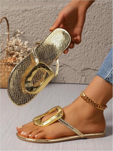 GORGLITTER Women's Metallic Thong Flat Sandals Dressy Square Open Toe Summer Flip Flops in Saudi Arabia