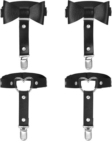 4Pcs Sexy Garters Belt Thigh Garters for Women, Elastic Punk Leather Leg Garter with Anti-Slip Clips, Adjustable Heart-Shaped&Butterfly Shaped Garter for Thigh High Socks, Valentine's Day Halloween in Saudi Arabia