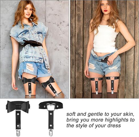 4Pcs Sexy Garters Belt Thigh Garters for Women, Elastic Punk Leather Leg Garter with Anti-Slip Clips, Adjustable Heart-Shaped&Butterfly Shaped Garter for Thigh High Socks, Valentine's Day Halloween in Saudi Arabia
