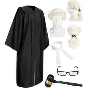 Hillban 5 Pcs Halloween Judge Costume Accessory Judge Robe False Collar Wooden Gavel Wig and Glasses for Halloween Cosplay