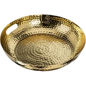 MyGift 14 Inch Deluxe Decorative Dish Tray Centerpiece Base, Brass Tone Plated Hammered Aluminum Fruit Bowl Serving Platter with Cutout Handles - Handcrafted in India