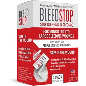 BleedStop™ First Aid Powder for Blood Clotting, Trauma Kit, Blood Thinner Patients, Camping Safety, and Survival Equipment for Moderate to Severe Bleeding Wounds or Nosebleeds 5 Pack 15g