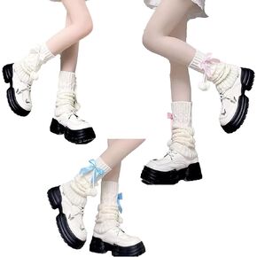 3 Pair Cute Leg Warmers, Pink Blue White Bow Ribbed Knit Long Socks with Furry Plush Globule for Women and Girls, Fashion Cutecore Clothes Baggy Leg Warmers Y2k Accessories for Women Harajuku