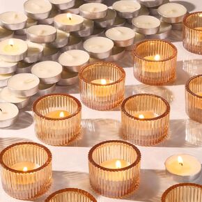 30Pcs Clear Tealight Candle Holder with 32pcs Tea Light Candles, Ribbed Votive Candle Holders Glass for Table Centerpiece, Wedding Decor, Home and Holiday Decor