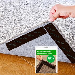 Rug Tape 8 Pcs Carpet Gripper for Hardwood Floors Non Slip Rug Pad Grippers Rug Stickers Never Curl Rug Corner Gripper Rug Stoppers to Prevent Sliding Reusable Washable Black