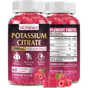 Potassium Citrate Gummies, High Potassium Supplement (1000mg), Supports Leg Cramps & Muscle Health, Suitable for Adults & Kids, Vegan, Non-GMO, 60-Count