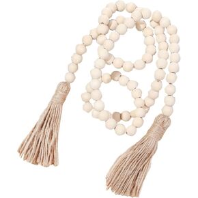 58 inches Natural Wood Bead Garland with Tassels Farmhouse Rustic Country Beads for Christmas Tree Home Decoration Room Decor Wall Hanging Curtain Rod Accents and Shelf (58in / 5ft)
