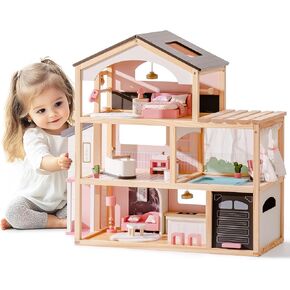 ROBOTIME Wooden Dollhouse, Doll House with 29 Pieces Furniture Set - Pool and Elevator, Wooden Doll House for 4, 5, 6-Inch Dolls, 6 Rooms Pink Dollhouse Gift for Kids Girls Ages 3+ (Pink)