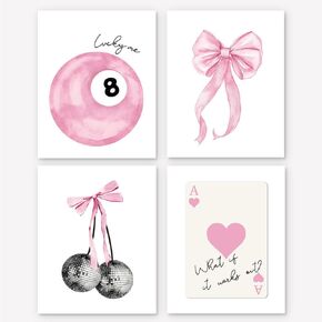 BONETAT 4Pcs Trendy Preppy Posters Pink Bow Wall Art Room Decor Prints 8X10 inches Unframed, Blush Pink Coquette Room Aesthetic Disco 8 Ball wall decor for teen girls Dorm College Apartment Bedroom -Aa02