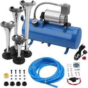 178db 4 قرون البوق بقرات قطار القطار لقرن الهواء الصاخب Super Horn 150 psi 12v ضاغط الهواء دبابة الهواء علبة لشاحنات سيارة سيارات أو سيارات الدفع الرباعي (0.8 جالون 12 فولت أسود الهواء قرن)