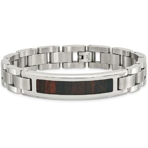 Stainless Steel Polished Enameled Black Koa Wood Link ID Chain Bracelet 8.5"