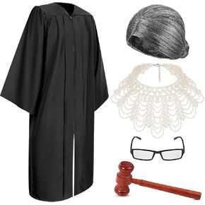 Hillban 5 Pcs Halloween Judge Costume Accessory Judge Robe False Collar Wooden Gavel Wig and Glasses for Halloween Cosplay