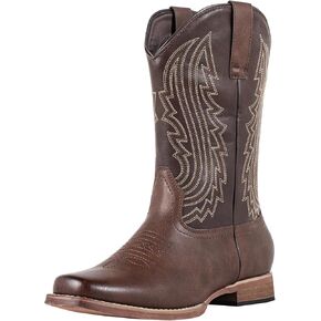 J's.o.l.e Mens Cowboy Boots Square Toe Western Retro Distressed Embroidered Slip On Wide Calf Riding Country Work Boot Brown