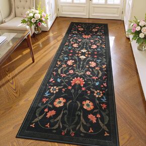 LIVEBOX Washable Runner Rug - Boho Floral 2x6 Kitchen Runner Rug, Non-Slip Carpet Runners for Hallway 6ft, Soft Low-Pile Runner Rugs for Entryway Hallways Laundry Room Bedroom Farmhouse (2x6ft, Black) in Kuwait