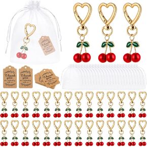 24 Set Cherry Keychain Bulk Party Favor Gifts Accessories Cherry Keyrings Present with Thank You Tags Organza for Guests Women Cute Bag Wallet Purse Charms Fruit Party Supply