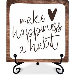 4" Inspirational Wood Decor - Make Happiness A Habit - Wooden Plaque Signs With 1 Metal Support Rustic Motivational Desk Décor For Home Office Bedroom Table Décor And Accessories - A02