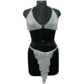 Women Bikini Chainmail Bra & Skirt Silver Butted Chainmail Aluminium 10 mm Butted Rings Bra & Skirt Bikni Halloween Cosplay Costume Set Gift (Anodized)