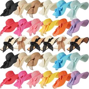 Tigeen 30 Pcs Women's Wide Brim Straw Hats Bulk Floppy Beach Hats Bowknot Tea Party Hats Foldable Sun Hat Summer UV Protection UPF 50+ Beach Cap for Girls Ladies, 15 Colors Multicolor