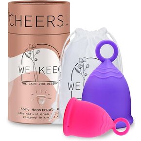 Menstrual Cup - Reusable, Soft & Safe Medical Grade Silicone Period Cup - 12 Hours Comfort - Eco Friendly Tampon & Pad Alternative for Active Lifestyle & Heavy Flow (Pink & Blue)