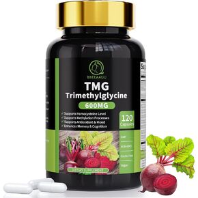 مكملات TMG - كبسولات تريميثيل جليكاين ، 600 ملغ من البيتين ، مع Ginkgo & Vitamin B6 ، تدعم الميثيل ، العافية الكبدية والإدراكية ، غير المعدلة وراثيًا ، نباتي ، نكهة برتقالية الدم 120