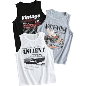 Boy's 3 Packs Summer Graphic Tank Top Car Letter Crew Neck Sleeveless Tops
