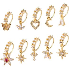10 Pcs Dangle Nose Stud Rings Hoops, Copper Dainty Star Moon Heart Leaf Dangle Nose Hoop Piercing Jewelry for Women Fashion Accessories(Gold)