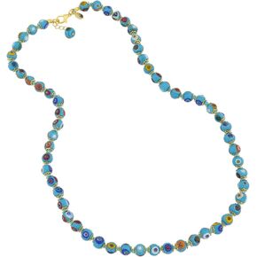 Glass Of Venice Murano Glass Necklace Longer Length 24 Inches - Italian Aqua Turquoise Blue Millefiori Mosaic Beads Handmade Blown Glass - Murano Glass Necklaces for Women