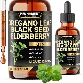 8in1 Oil of Oregano Drops with Black Seed Oil Liquid | Contains Carvacrol | Garlic, Elderberry, Olive Leaf, Quercetin, Bromelain - 2 Fl Oz