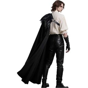 L'VOW Black Half Shoulder Cape with Feather Shrug - Renaissance Ranger Cloak Halloween LARP Gothic Knight Cosplay