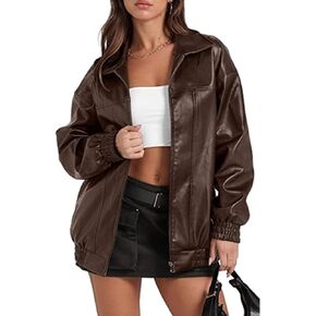 XXXITICAT WIMIN'S PU LEATHER SCANDLES LING AND REOP RILLAR SHIPPER FAUX LEATHERT BOMBERAND BOMBER COAT