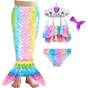 Girls Bathing Suit 3PCS Cute Ruffle Tankini Swimsuits with Fish Tail Skirt Kids Beach Swimwear 3-12Y
