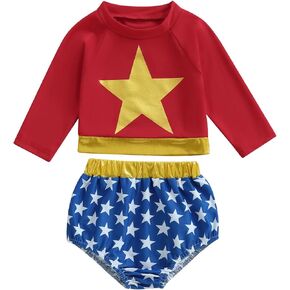 Toddler Baby Girl 4th of July Swimsuit Stars Long Sleeve Rash Guard Set Two Piece Swimwear Bathing Suit Sunsuit