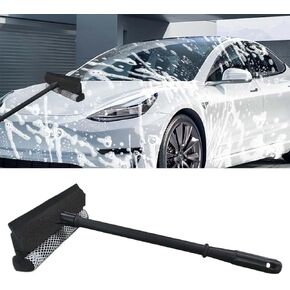 15.7" Window Squeegee for Car - 2 in1 Window Cleaner Squeegee Sponge Scrubber with Handle for Car Windshield - Rubber Blade Window Washer Scraper for Gas Station, Glass, Shower, Mirror Cleaning