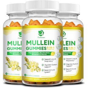 (3 عبوة) 9 في 1 mullein gummies لتنظيف الرئة وإزالة السموم ، قوة إضافية مستخلص أوراق mullein w/quercetin ، bromelain ، Elderberry & Marshmallow للتنفس ، المناعة والهضم ، نباتي ، 180 COUNT