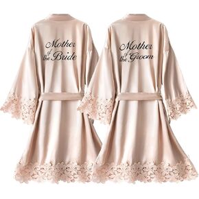 Crystal Dew 2 Pcs Mother of the Bride Groom Robe with Lace Trim Embroidery Bridal Satin Kimono Robes for Wedding Day