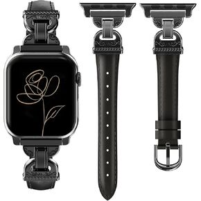 Leather Band Compatible with Apple Watch Bands Women 42/44/45/46/49mm Dressy Slim Leather Strap with Designer Interlock Buckle for iWatch Series 10/9/Ultra/SE/8/7/6/5/4/3/2/1, Black in Saudi Arabia