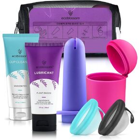 Ecoblossom Complete Menstrual Disc Kit - Small & Large Reusable Period Discs, Silicone Sterilizer Holder, Cleansing Wash, Water-Based Lube, and Easy-Insert Cup Applicator - All Inclusive Set